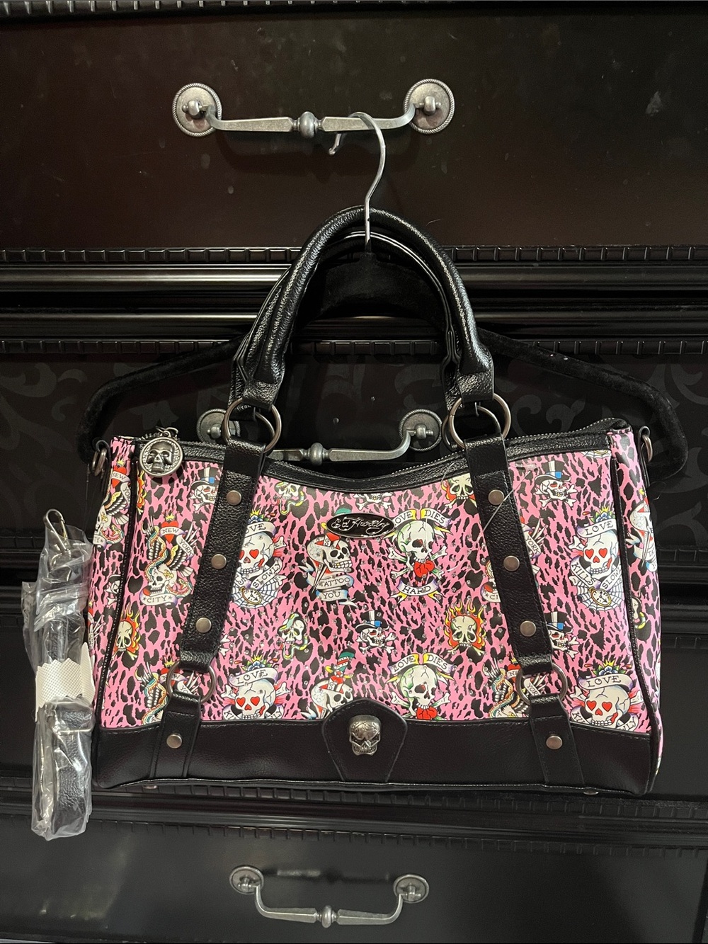 Ed Hardy Pink Leopard Skull & Hearts Satchel with Black Trim